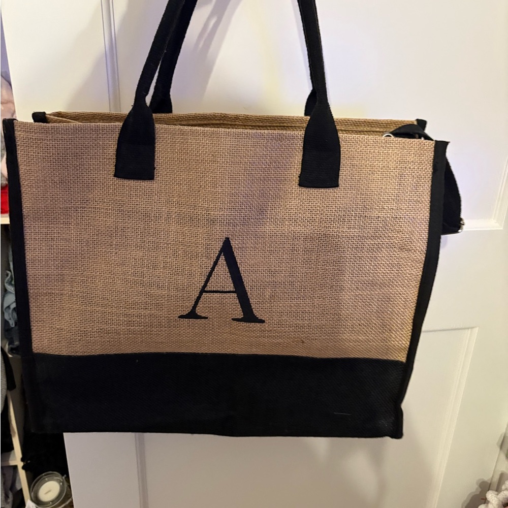 Black & Natural Monogram Tote Bag with 'A'